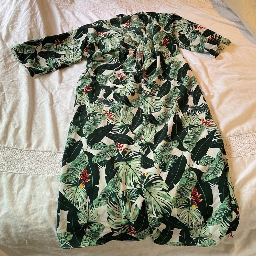 Rachel Zoe Green Tropical Kimono Duster One Size Green White Palm Plants Floral